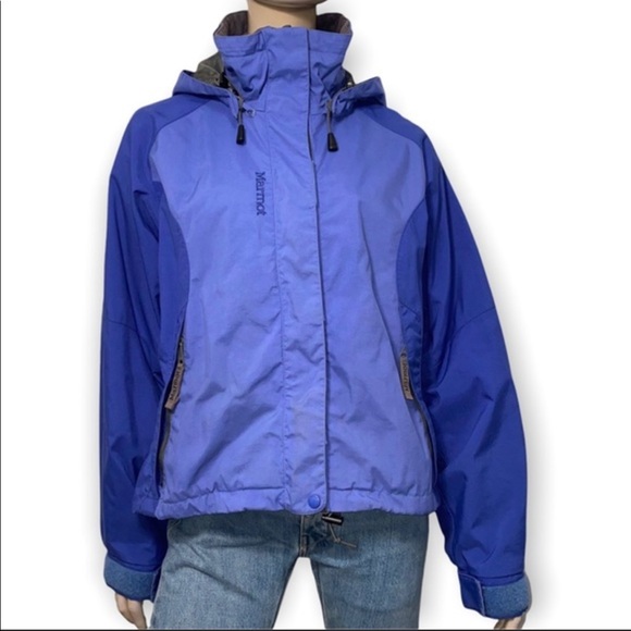 Marmot Women’s Size L Blue Hooded Winter Ski Jacket Coat w/ Gray Fleece Lining - Picture 2 of 4